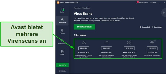Avast Antivirus Bewertung – Verfügbarkeit von Virenscans