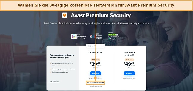Avast Antivirus Bewertung – Auswahl von Avast Premium Security mit 30-tägiger kostenloser Testversion