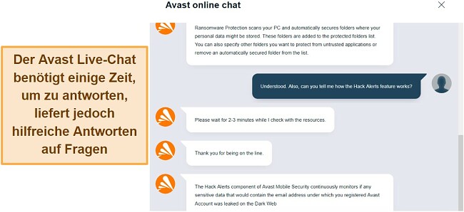 Avast Antivirus Bewertung – Konversation mit dem Avast Live-Chat-Support