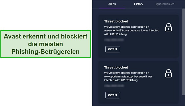 Avast Antivirus Bewertung – Erfolgreiche Blockierung eines Phishing-Versuchs