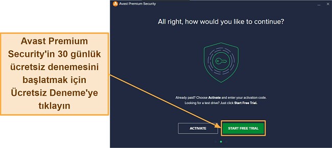 Avast Premium Güvenlik Ücretsiz Deneme Sürümünü Başlatma