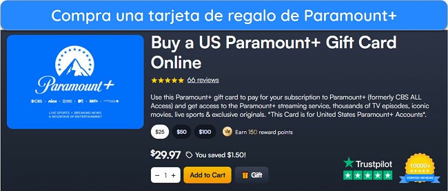 Máscara de película con texto 'Cómo ver Paramount+ - Compra tarjeta de regalo